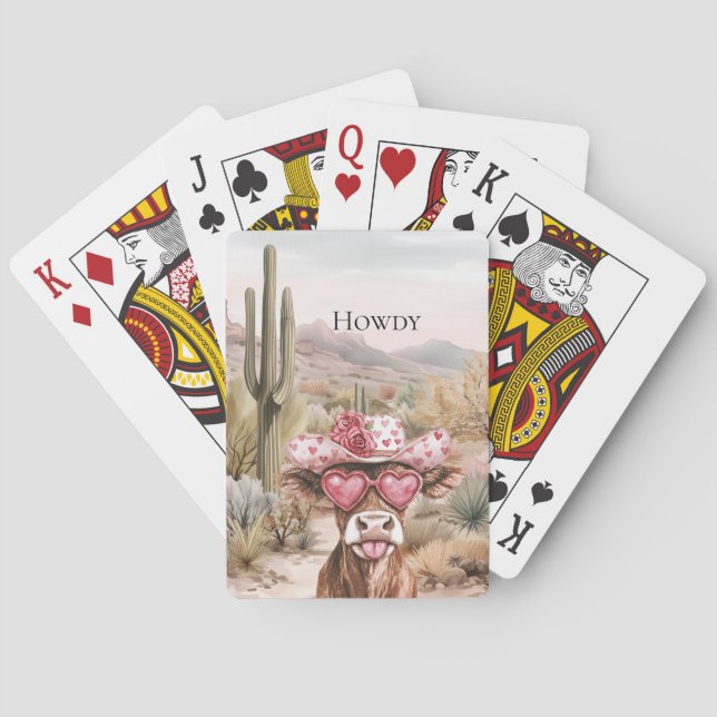 Howdy Western Cow in Pink Heart Sunglasses Poker Cards (Back)