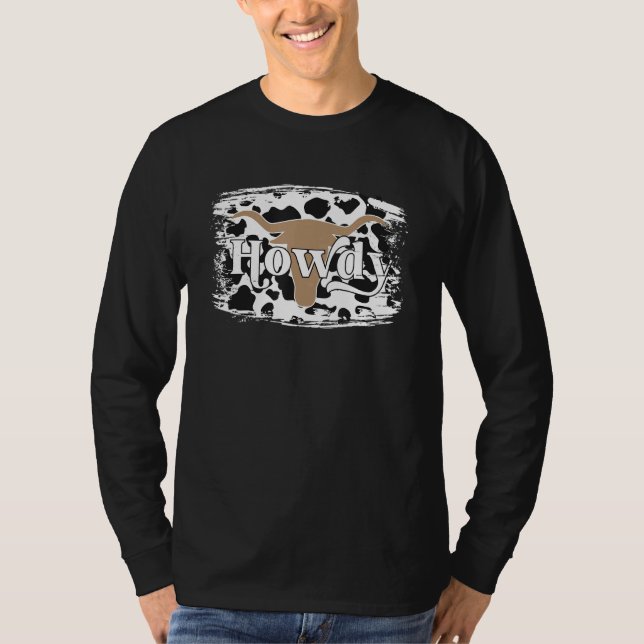 Howdy Western Cowhide Leopard Bull Skull Texas Cow T-Shirt (Front)