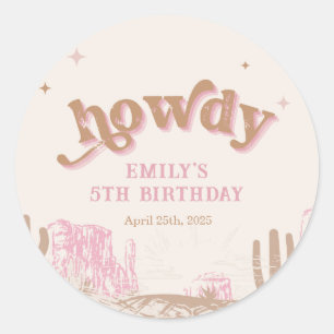 Howdy! Western Pink Cowgirl Birthday Classic Round Sticker