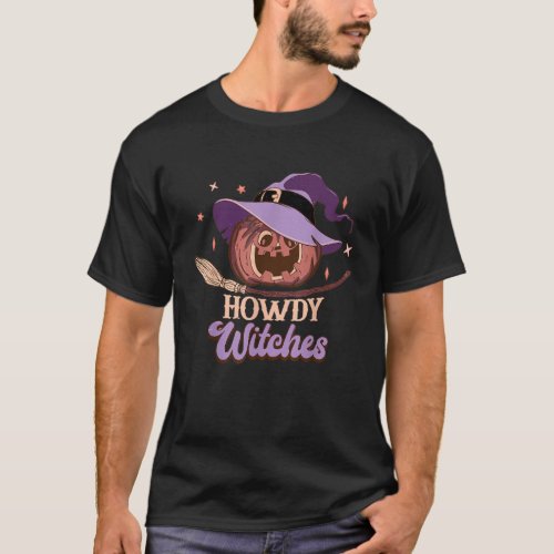 Howdy Witch Halloween Pumpkin Purple Witch Hat Fal T_Shirt