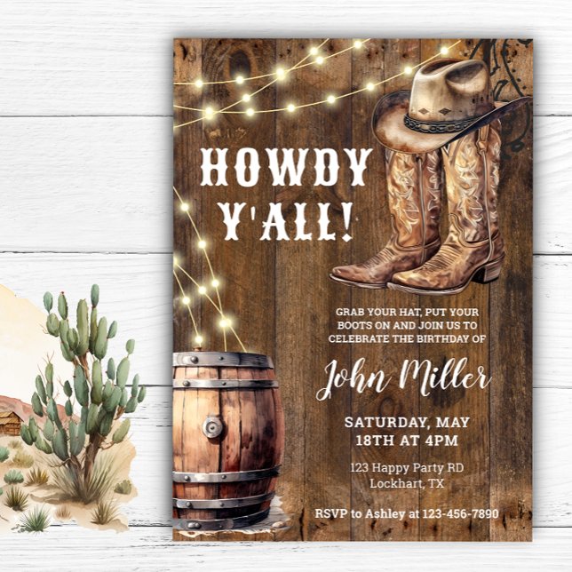 Howdy Y'All Western Birthday Cowboy Boots and Hat Invitation (Creator Uploaded)