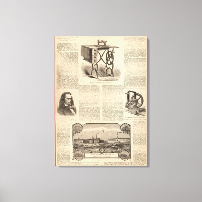 Howe Sewing Maching with Sketch of the Inventor Canvas Print (Front)