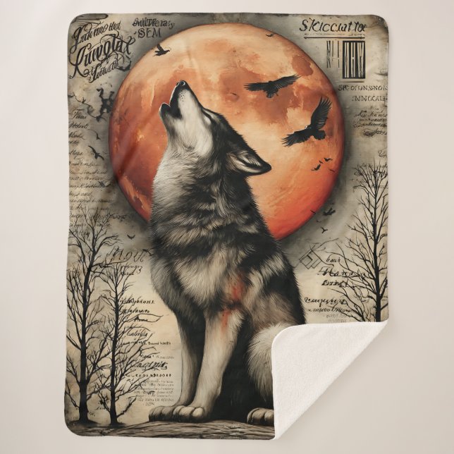 Howl & Hallowed – Beneath the Burning Moon Sherpa Blanket (Front)