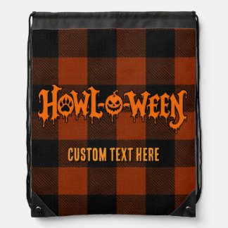 Howl-O-Ween Halloween Dog Paw Plaid Custom Drawstring Bag
