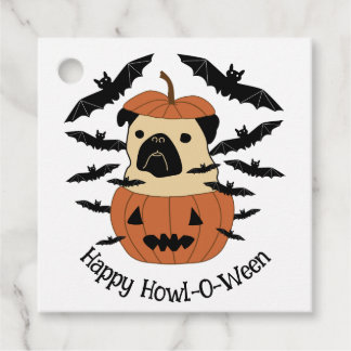 Howl-O-Ween Pug in a Jack-O-Lantern with Bats Favor Tags