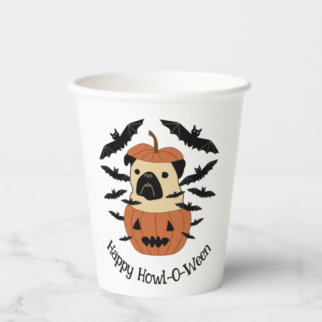 Howl-O-Ween Pug in a Jack-O-Lantern with Bats Paper Cups (Front)