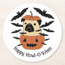 Howl-O-Ween Pug in a Jack-O-Lantern with Bats