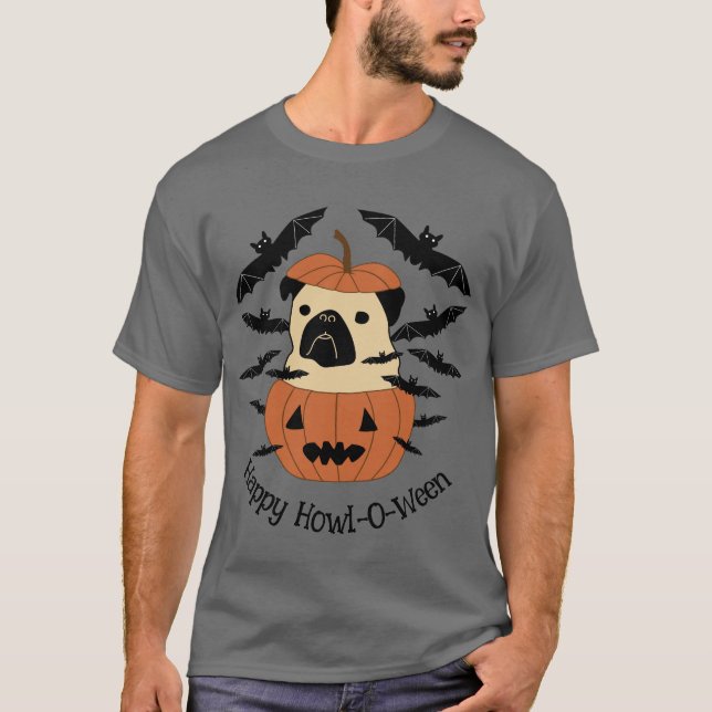 Howl-O-Ween Pug in a Jack-O-Lantern with Bats T-Shirt (Front)