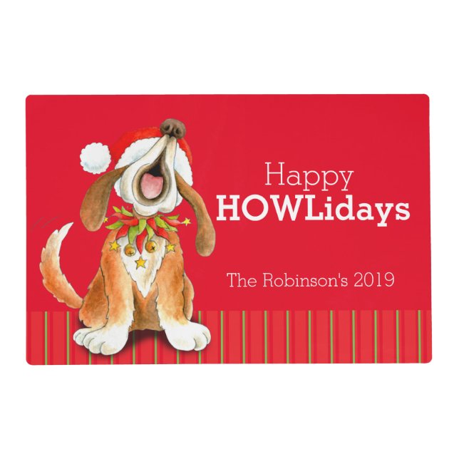 Howliday dog singing Christmas art red placemat (Back)