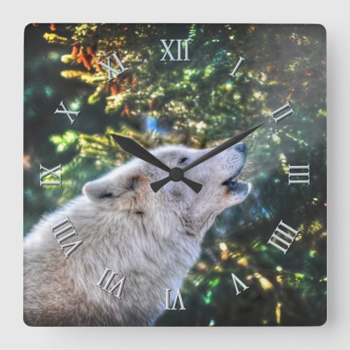 Howling Arctic Grey Wolf Photo Portrait Square Wall Clock