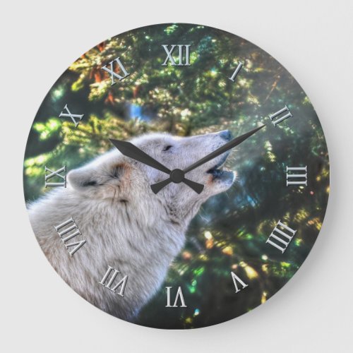 Howling Arctic Grey Wolf Portrait II Large Clock