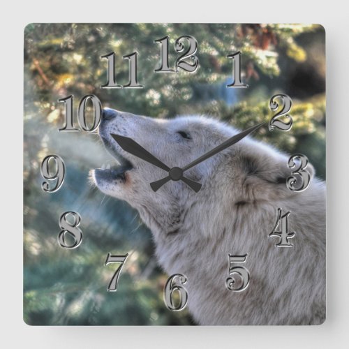 Howling Arctic Grey Wolf Portrait Square Wall Clock