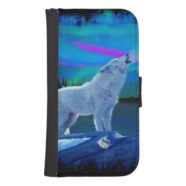 Howling Arctic Wolf and Aurora Wildlife Art Samsung Galaxy Wallet Case (Front)