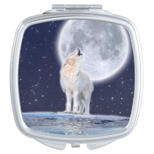 Howling Arctic Wolf and Moon Wildlife Art Design Compact Mirror