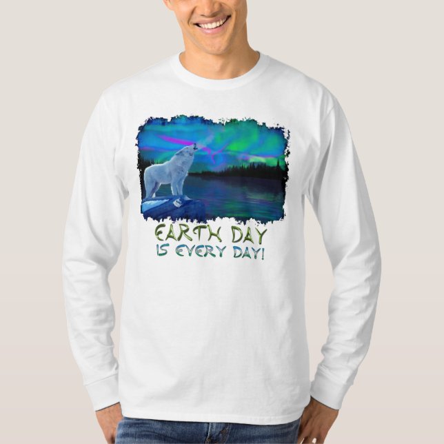 Howling Arctic Wolf & Aurora Earth Day Art Shirt (Front)