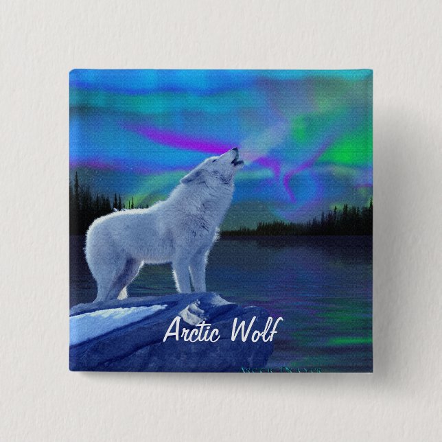 Howling Arctic Wolf & Aurora Wildlife Art Badge Button (Front)