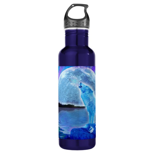 Howling Arctic Wolf & Full Moon Wildlife Photo Stainless Steel Water Bottle (Front)