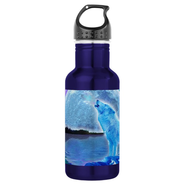 Howling Arctic Wolf & Full Moon Wildlife Photo Water Bottle (Front)