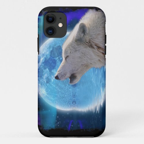 Howling Arctic Wolf Moon  Aurora Wildlife Art iPhone 11 Case