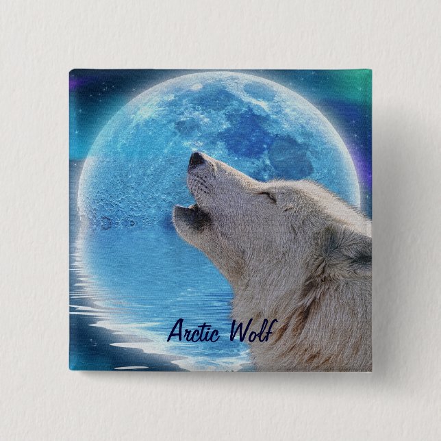 Howling Arctic Wolf & Moon Wildlife Badge Pinback Button (Front)