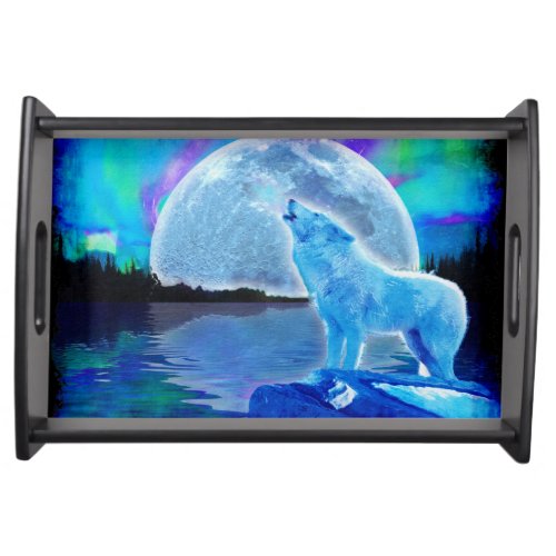 Howling Arctic Wolf  Moon Wildlife Nature Photo Serving Tray