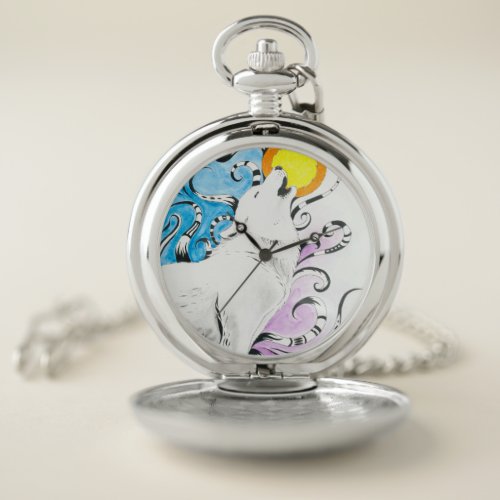 Howling Arctic Wolf Tribal Moon Pocket Watch