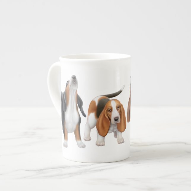 Howling Basset Hounds Bone China Mug (Front Left)