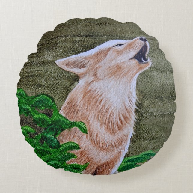 Howling Coyote Round Pillow (Front)