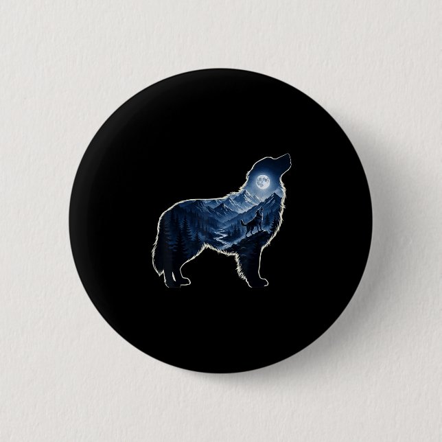 Howling dog moonlit mountain forest silhouette art button (Front)