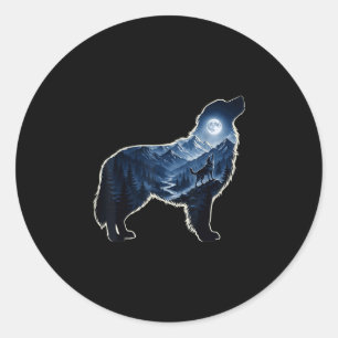 Howling dog moonlit mountain forest silhouette art classic round sticker