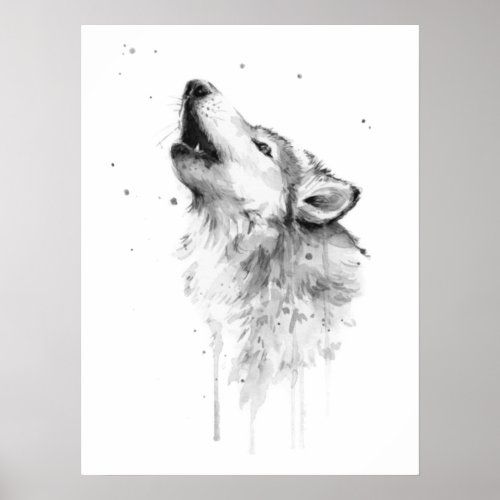 Howling Gray Wolf in Watercolor Painting Style Poster