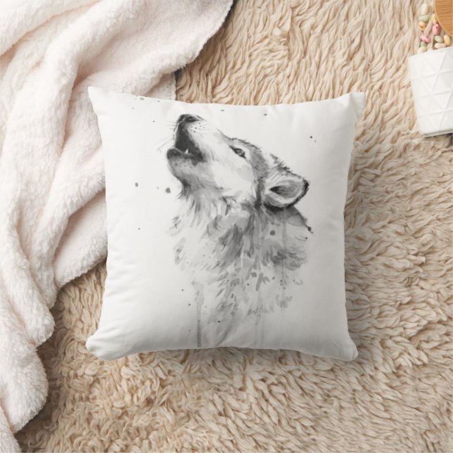 Howling Gray Wolf in Watercolor Painting Style Throw Pillow (Blanket)
