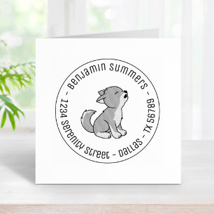 Howling Gray Wolf Pup Round Address Rubber Stamp