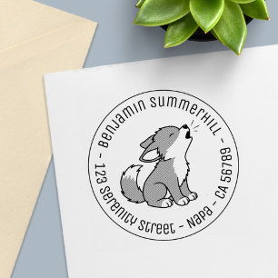 Howling Gray Wolf Pup Round Address Self-inking Stamp
