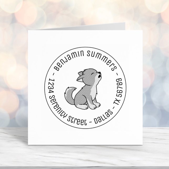 Howling Gray Wolf Pup Round Address Self-inking Stamp (Creator Uploaded)