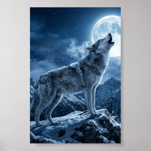 Howling Gray Wolf Snow Mountain Matte Poster