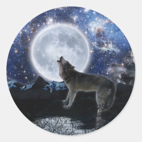 Howling Grey Wolf  Moon  Classic Round Sticker