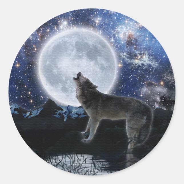 Howling Grey Wolf & Moon  Classic Round Sticker (Front)