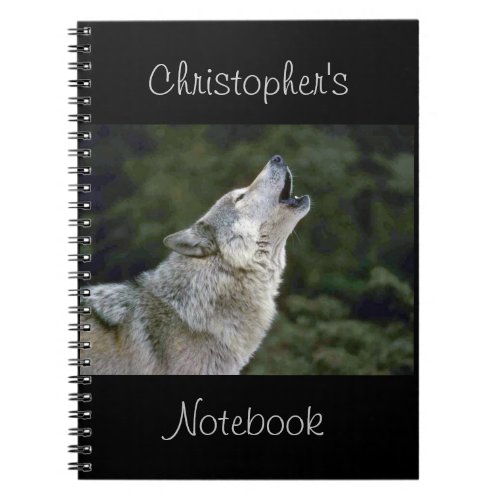 Howling grey wolf photo custom boys name notebook