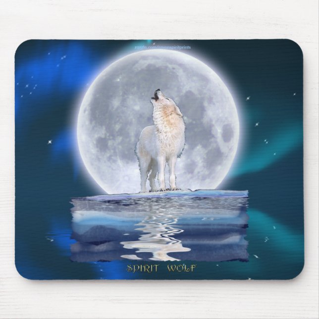 Howling White Wolf & Moon Wildlife Fantasy Mouse Pad (Front)