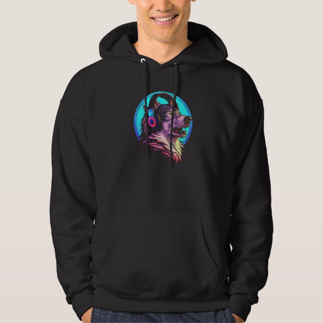 Howling Wolf 80s Werewolf With Headphones Retro Mu Hoodie (Front)