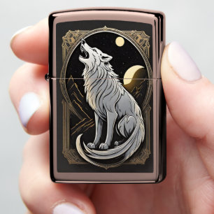 Howling Wolf Against Night Sky With Planets Zippo Lighter