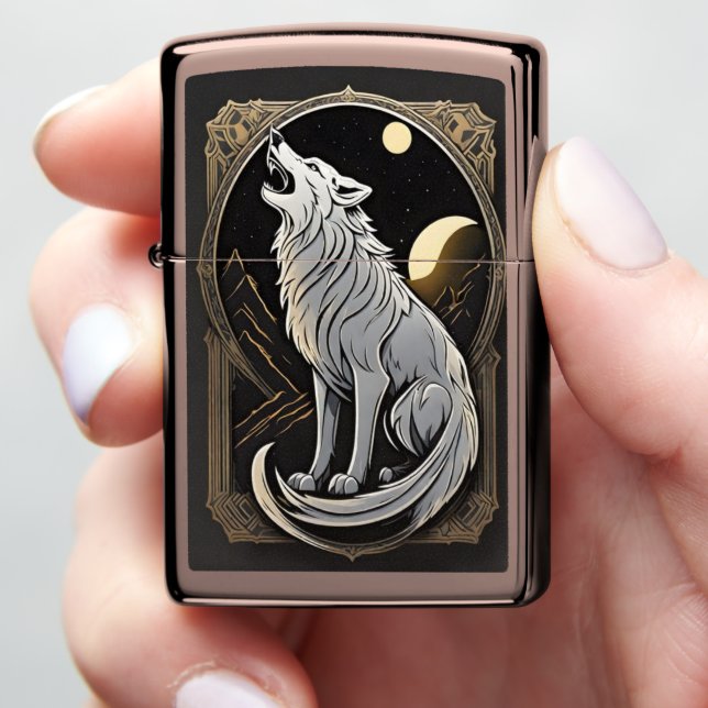 Howling Wolf Against Night Sky With Planets Zippo Lighter (In Hand)
