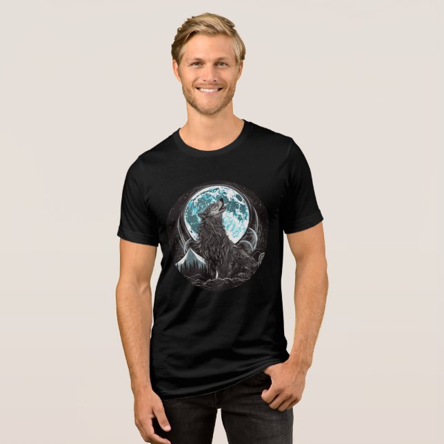 Howling Wolf and Blue Full Moon Tri-Blend Shirt (Front Full)