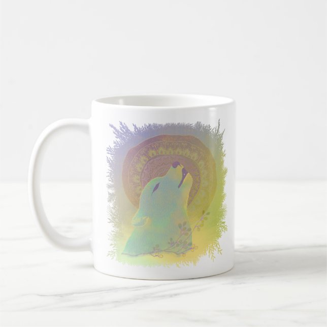 Howling Wolf and Mandala Plants Branches Frame Coffee Mug (Left)