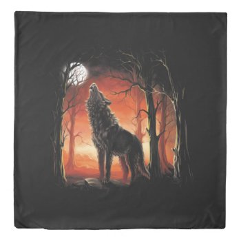 Howling Wolf At Sunset (1 Side) Queen Duvet Cover by FantasyPillows at Zazzle