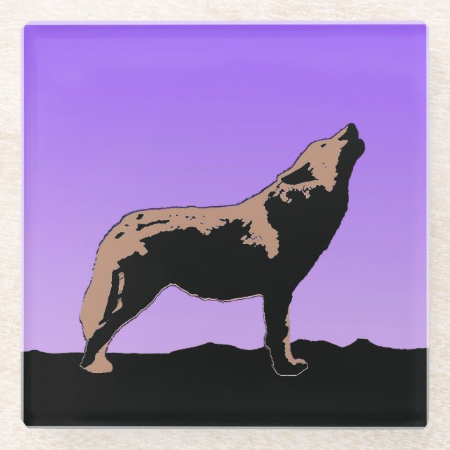 Howling Wolf at Sunset  - Original Wildlife Art Glass Coaster (Front)