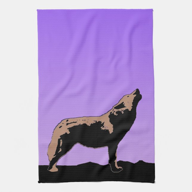 Howling Wolf at Sunset  - Original Wildlife Art Kitchen Towel (Vertical)