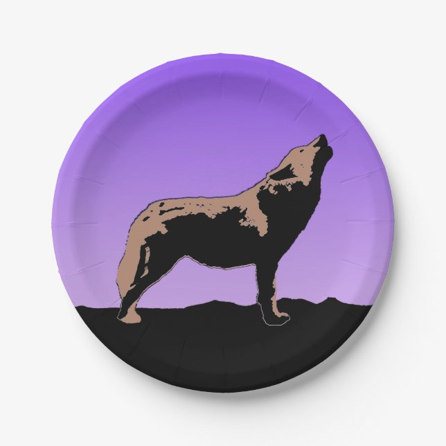 Howling Wolf at Sunset  - Original Wildlife Art Paper Plates (Front)