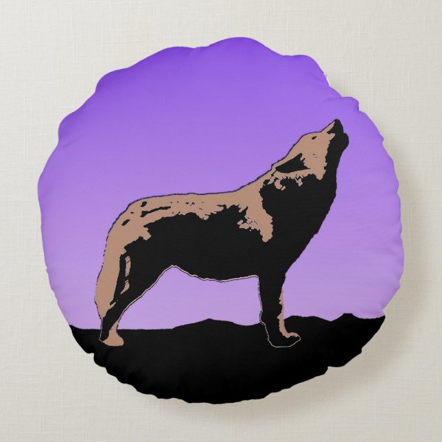 Howling Wolf at Sunset  - Original Wildlife Art Round Pillow (Back)